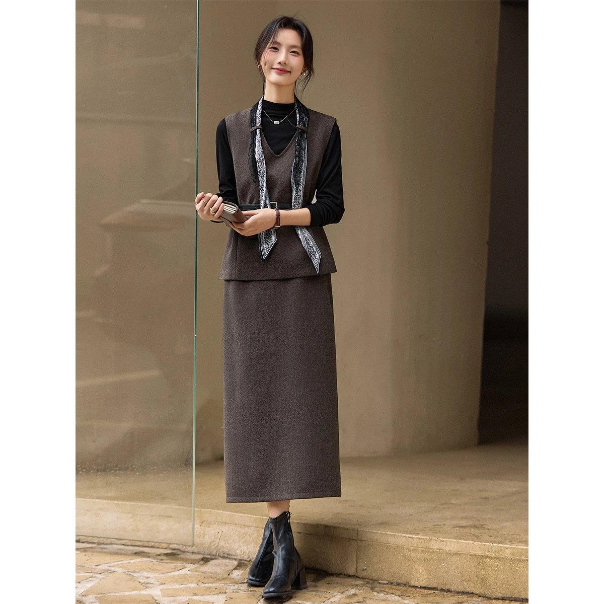 VIMLY ensemble de costume pour femmes déplacements hiver 2025 couche de Base solide col en V gilet jupes longues décontracté dames vêtements 3 pièces ensembles 30528