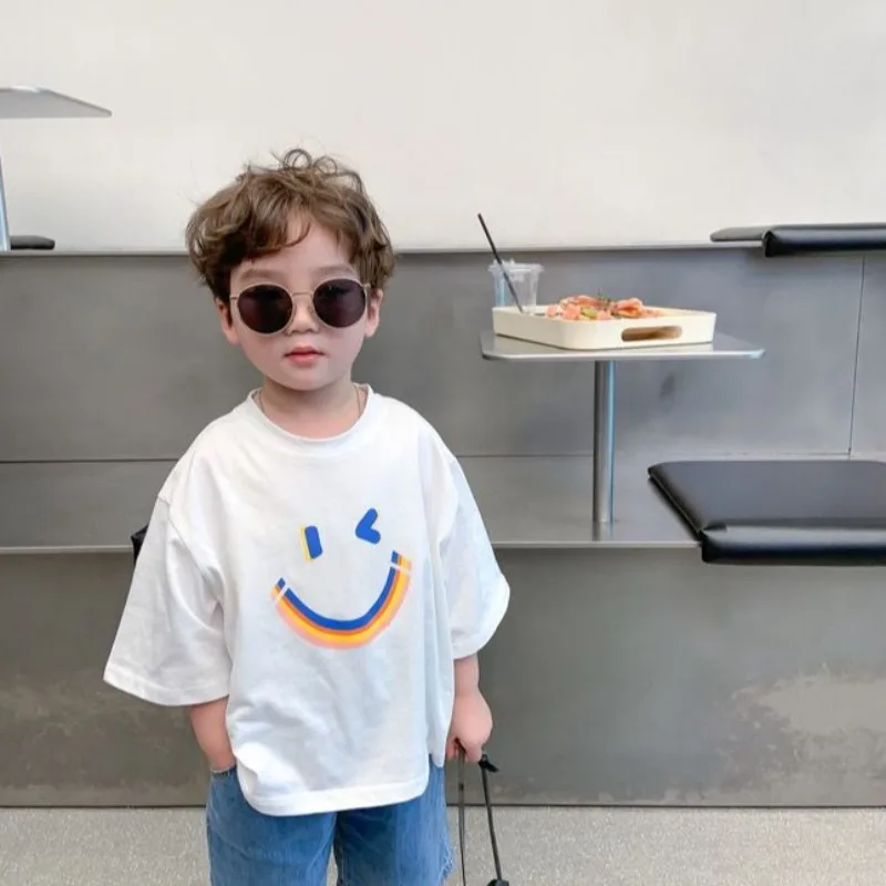 Unisex Kids Cotton Rainbow Smiley Face Round Neck Short Sleeve T-Shirt Loose Fit Summer Wear for Boys Girls Stylish Trendy Tops