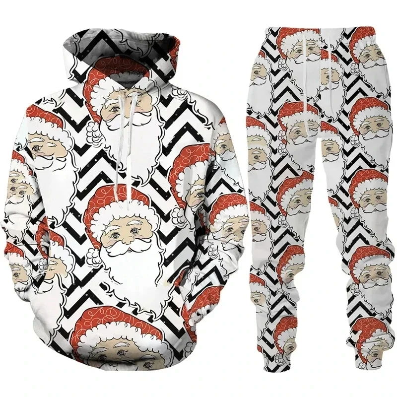 Funny Santa Claus Print Men's Hoodies Suit 3D Christmas Snowman Pattern Breathable  Sweatshirt + Sweatpants 2-piece Set Clothing