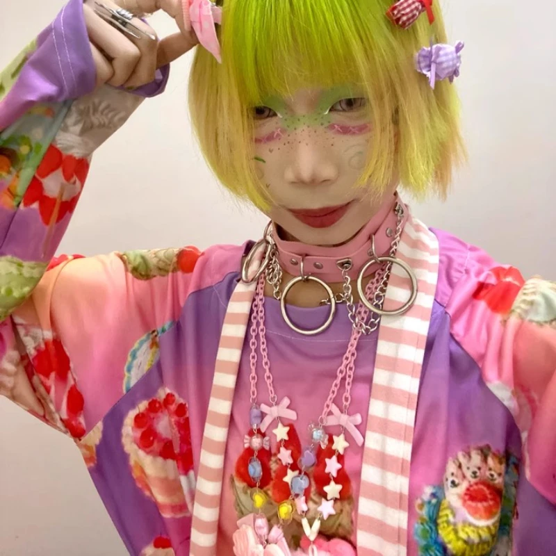 Design originale Y2K Dolce Fresco Colthing da donna Torta giapponese Stampa Manica lunga Allentato Dimagrante T-shirt che riduce l'età Abito da donna