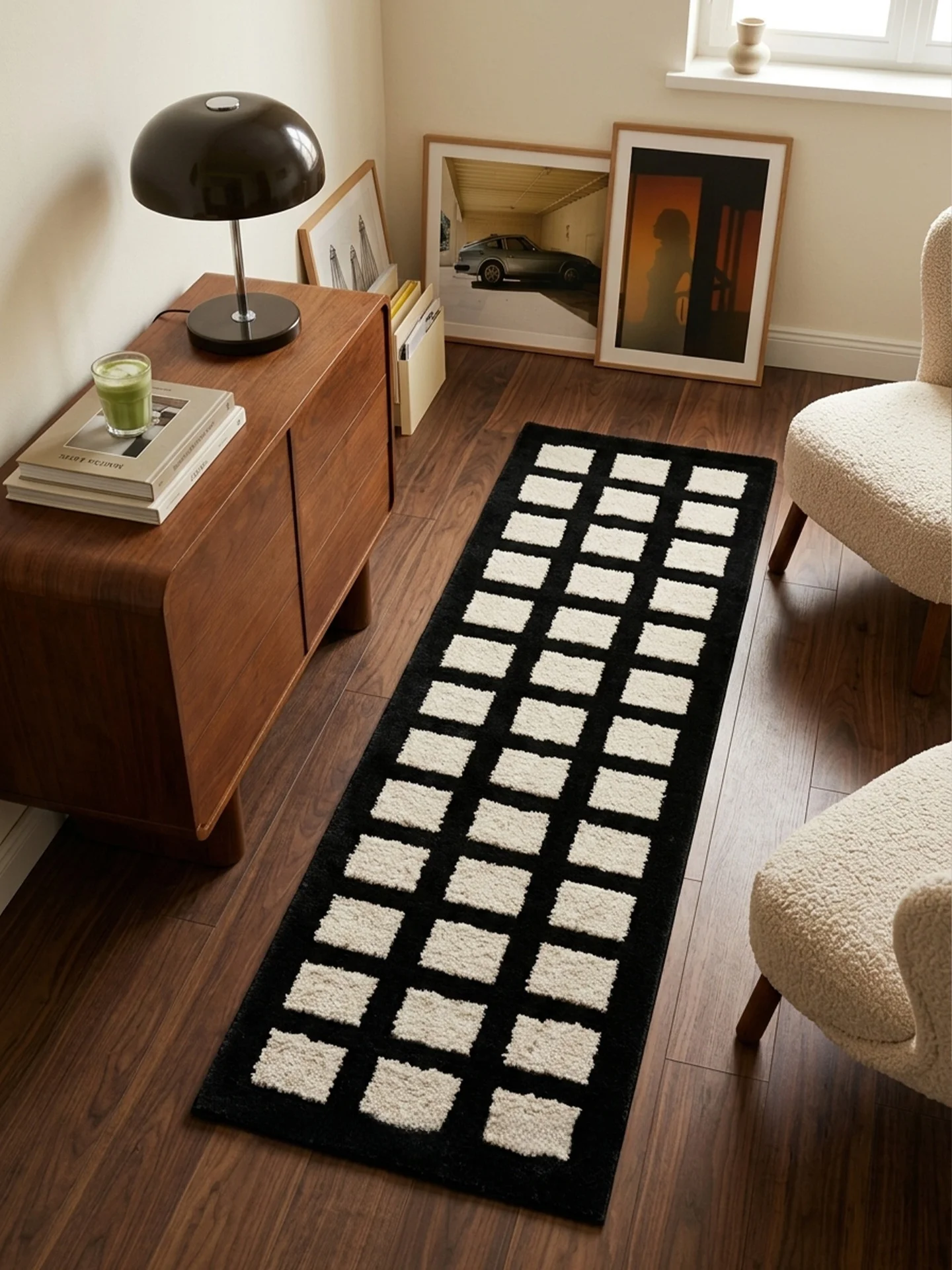 Salted Cream Style Wooden Floor Carpet Anti-Slip Living Room Sofa Bedroom Room Bedside Checkered Pattern Home Textile Rug