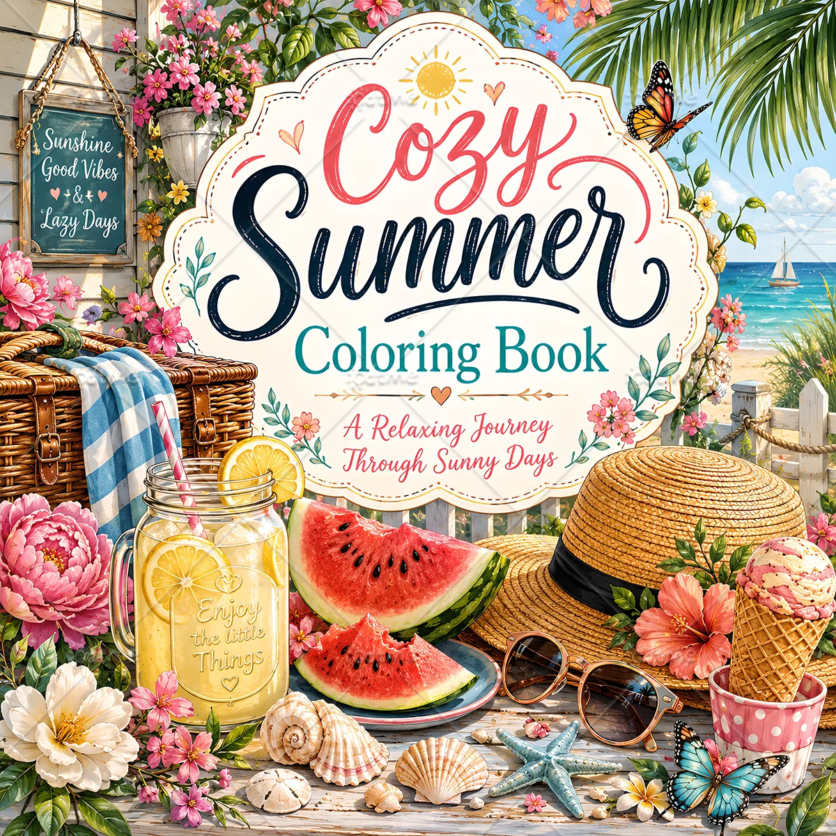 Cozy Summer Holiday Coloring Book , Beach Fruit & Coastal Scenes for Adult Relaxation Art Stress Relief Drawing Book
