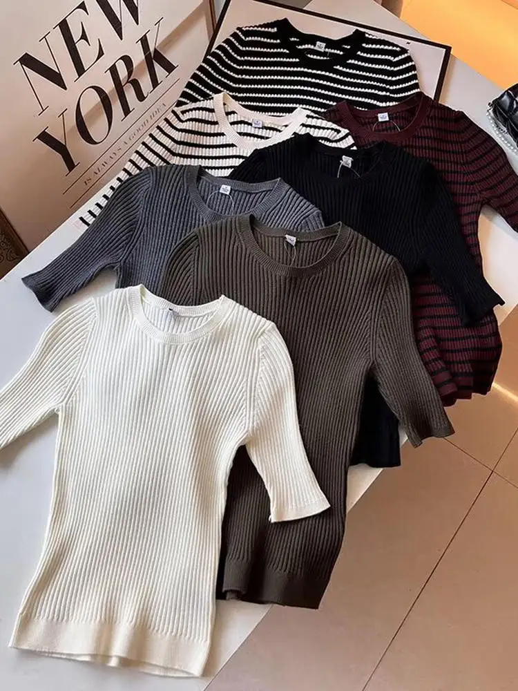 

Slim Fit Striped Knitwear Sweater Five Sve round Ne Commute Sle Regular Length Spring Season Women's Try Room Knitted Top