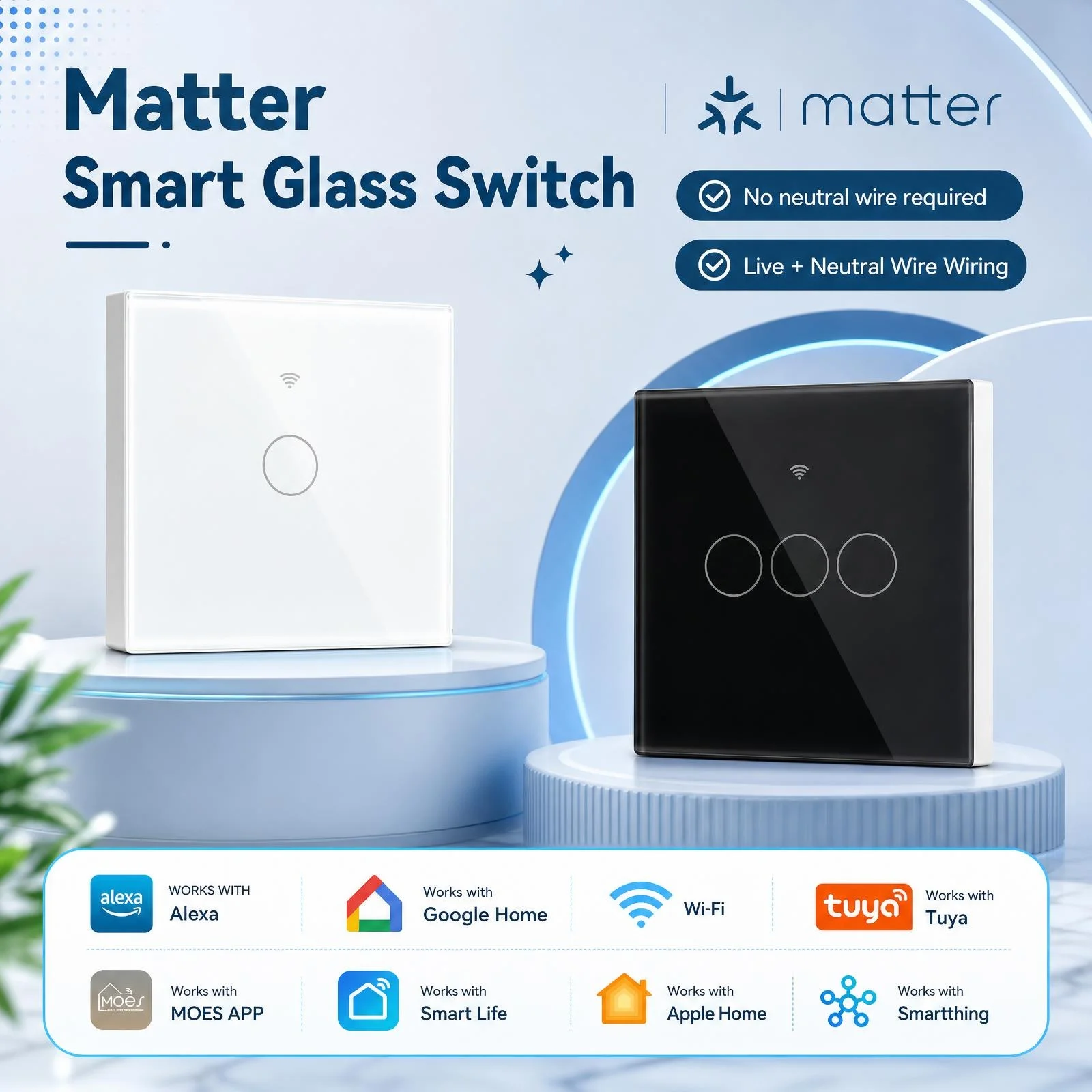 Tuya Matter WiFi Smart Touch Light Switch Single Fire Zero Fire Universal APP Remote Control Timer Schedule