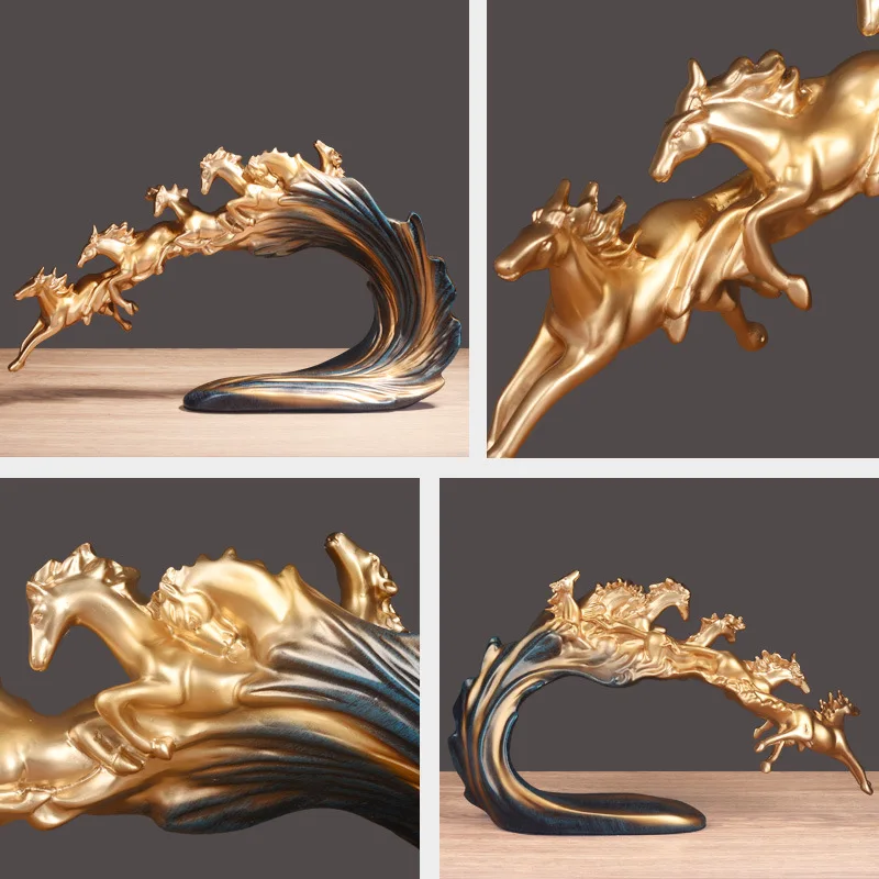 Golden Resin Horse Statue Set, Light Luxury Galloping Horse Herd Ornament for Wine Cabinet Office Desk Home Decor