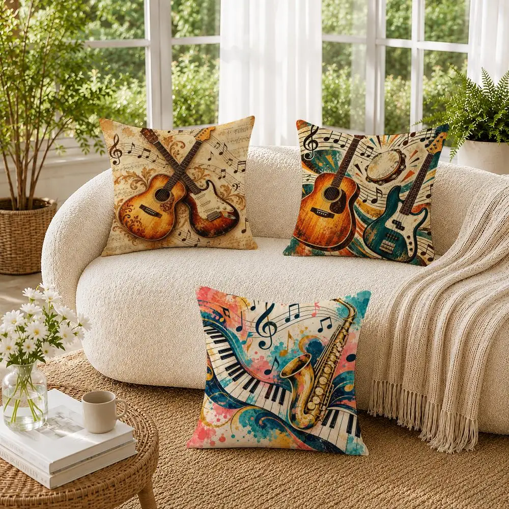 Guitar Musical Notes Cushion Cover Soft Short Plush Pillow Cases Hidden Zipper Cutecore Sofa Bedroom Home Decor Gift