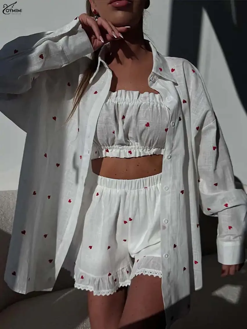 

Oymimi Casual White Print Three Piece Outfits Woman Fashion Lapel Long Sleeve Button Shirts And Strapless Bra + Lace Shorts Sets