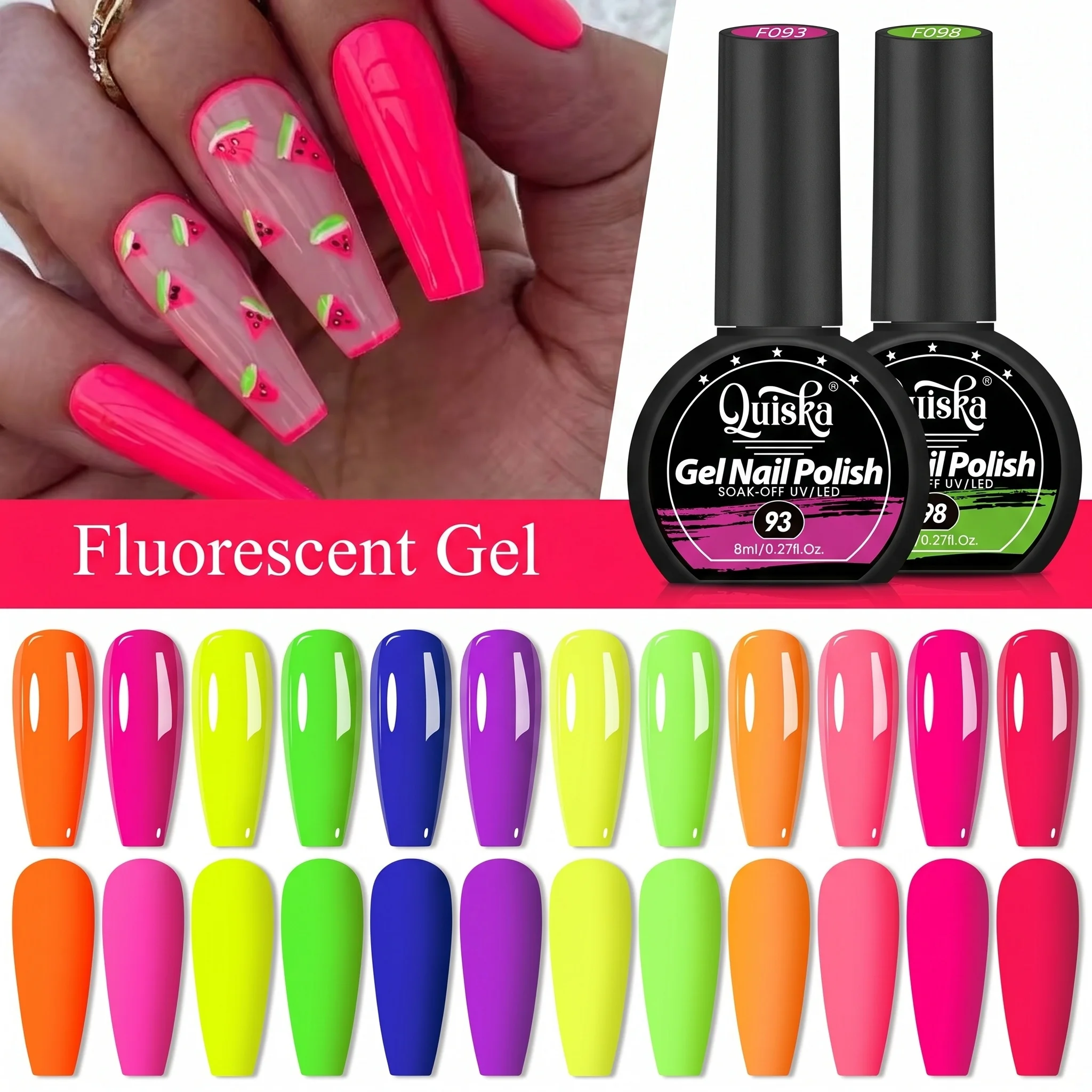Quiska  8ml Fluorescent Gel Nail Polish — Neon Series | Suitable for All Seasons | UV-Cured Gel | Soak-Off Formula | Vibrant Col