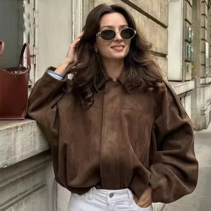 Women Coffee Suede Jacket Coat New Fashion Long Sleeve Zipper Loose Bomber Jackets Chic Casual Streetwear ﻿ Overcoats﻿