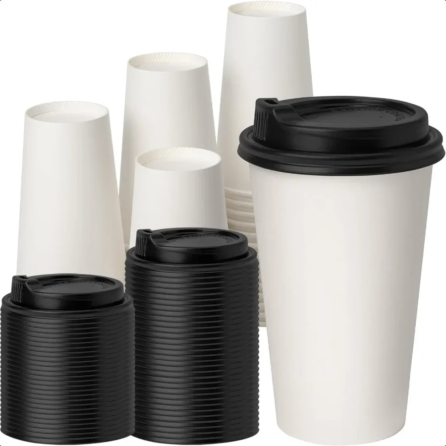 

100 упаковок кофейных чашек на 16 унций с крышками, термогерметичные бумажные стаканчики, кофейные чашки для горячих и холодных напитков