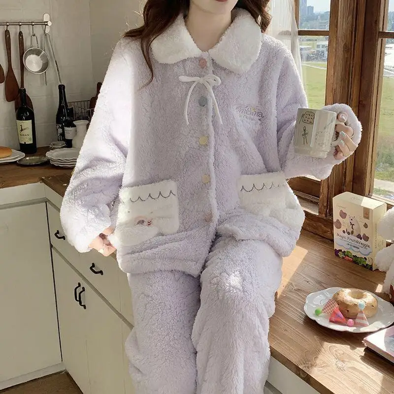 

Sweet Cute Flannel Cardigan Home Clothes Coral Fleece Pajamas for Women Comfortable Sleepwear Women's Pajama Set Winter Sets