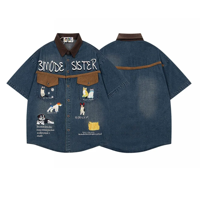 

MAQVOB Европейский размер США, высокое качество, ретро лоскутная джинсовая рубашка с короткими рукавами и мультяшной вышивкой, летняя повседневная рубашка унисекс