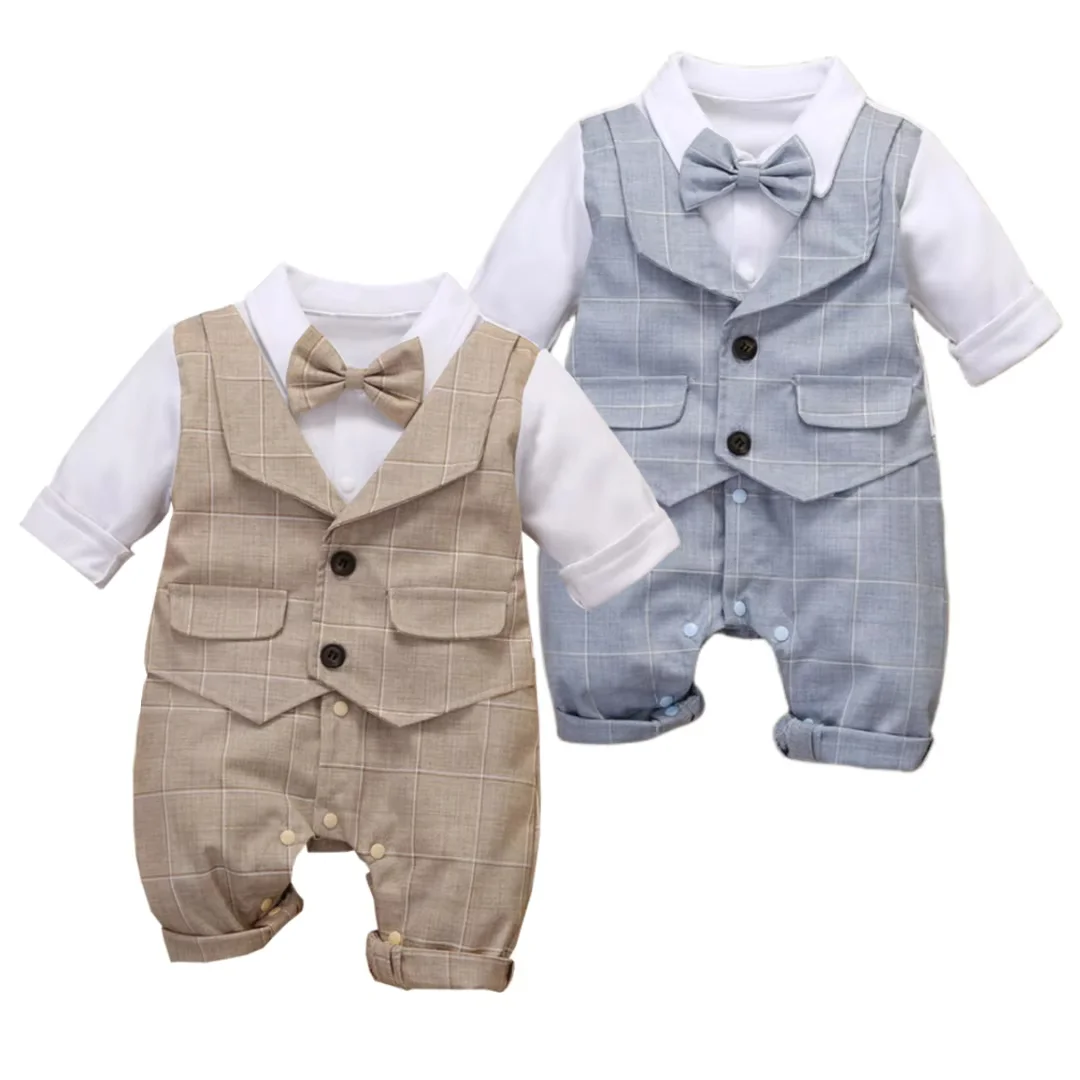 3-24M Formal Anniversary Dress Toddler Child Cotton Party Suit Infant Plaid Outfit Clothes Newborn Boy Vest Romper Baby Birthday