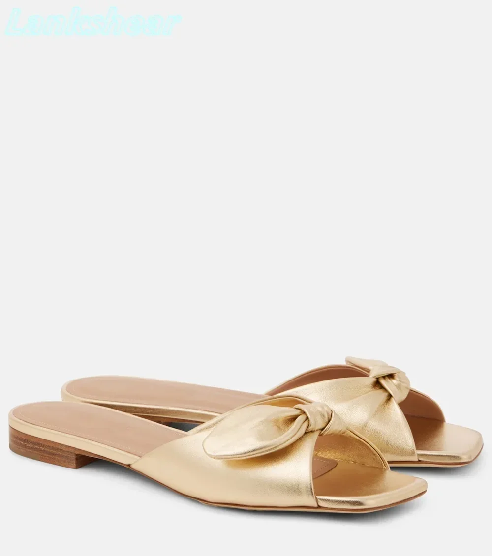 

Solid Gold Bow Slipper Flats Women Square Open Toe Summer Mules Slip-on Summer Sandals Pull-on Sandals Luxury 2025 New Arrivals