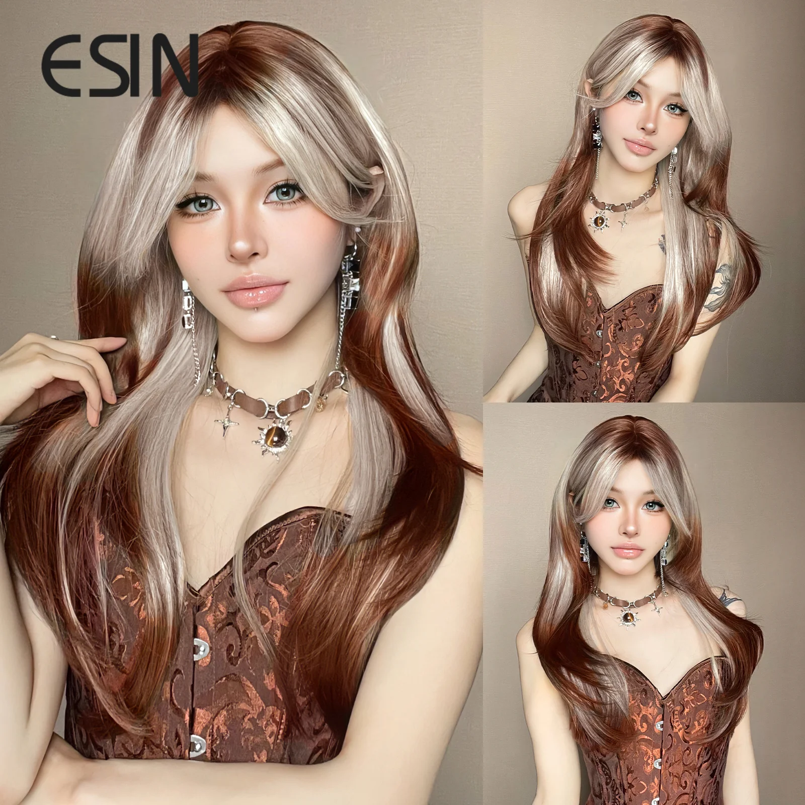 

ESIN Synthetic Blond Ombre Brown Long Straight Wigs with Bangs Natural Cosplay Hair for Women Party Heat Resistant Fiber Wig