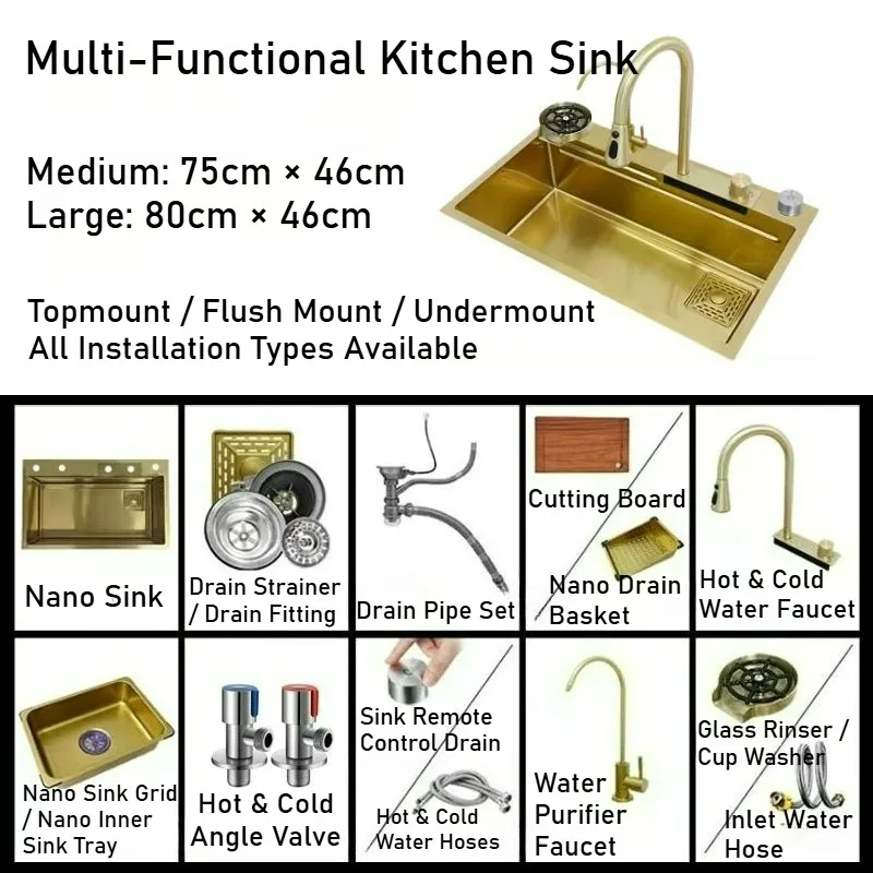 304 Stainless Steel Kitchen Sink Nano Gold Waterfall Faucet Combo Set Multi-Function Drop-In Undermount Vegetable Washing Rinse