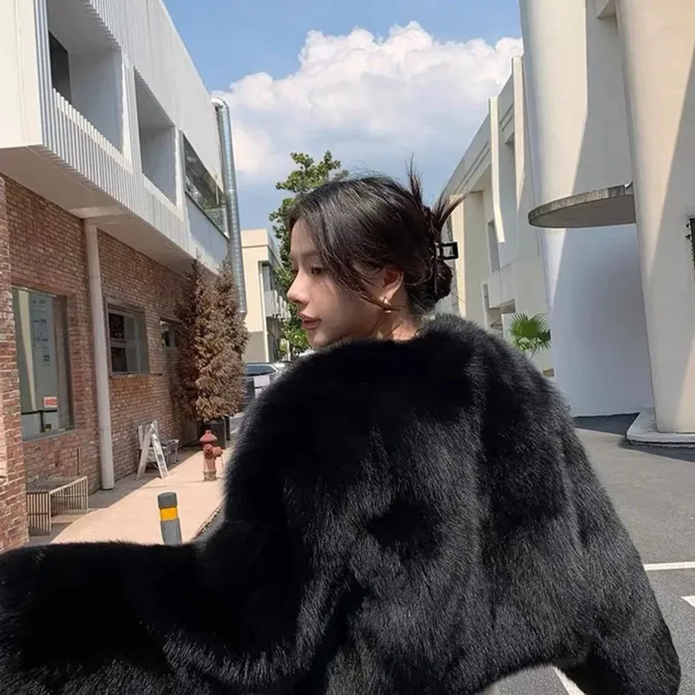 2023 Faux Fox Fur Short Jackets For Women Winter Plush Imitation Black Fox Fur Luxury Coat For Girls NEW Elegant Thicken Outwear