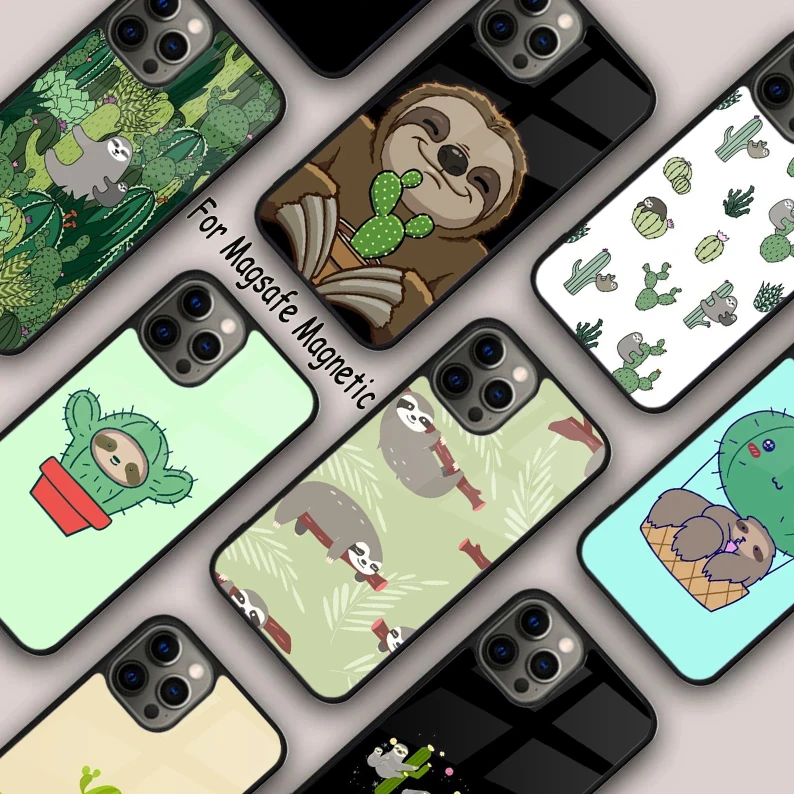 Cacti Sloths Back Magnetic Phone Case For APPLE iPhone 16 14 13 12 11 Pro Max 15 Plus Wireless Charge With MagSafe Cover