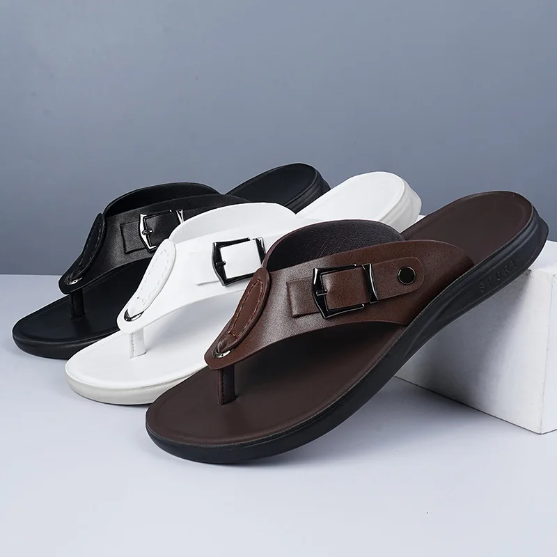 

Men's Flip Flops High Quality Cowhide Leather Slippers Casual Beach Slippers for Men Non-slip Flat Slippers Summer Men's Sandals