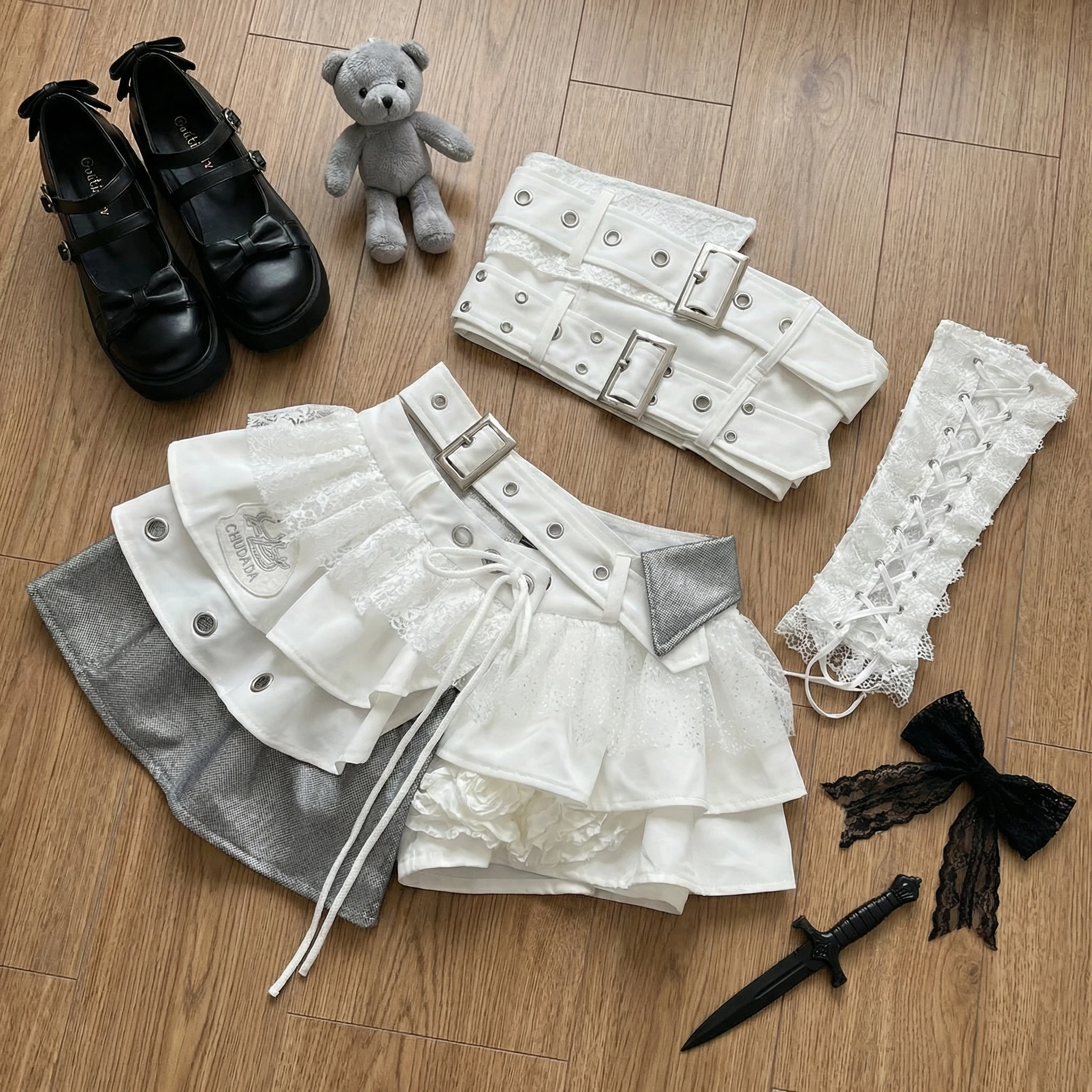 Punk Style Woman 2 Piece Sets 2000s Aesthetic Elegant Strapless Tops +High Waist Ruffle Skirt Female Chic Korean Popular Clothes