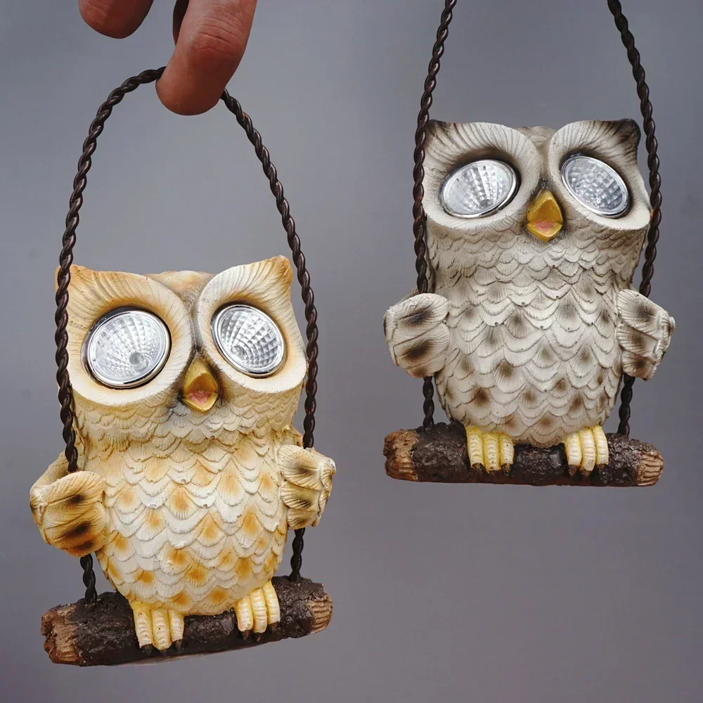 Swing Owl Figurines for Courtyard Porch Decor Solar LED Night Light Nighthawk Statue Home Desktop Garden Decoration