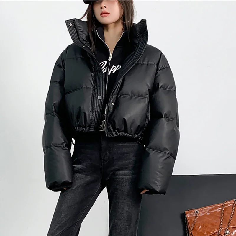 Gidyq-Parkas cortas de cuero Pu para mujer, ropa de calle gruesa y cálida, chaqueta de plumón que combina con todo, ropa de abrigo Puffty con