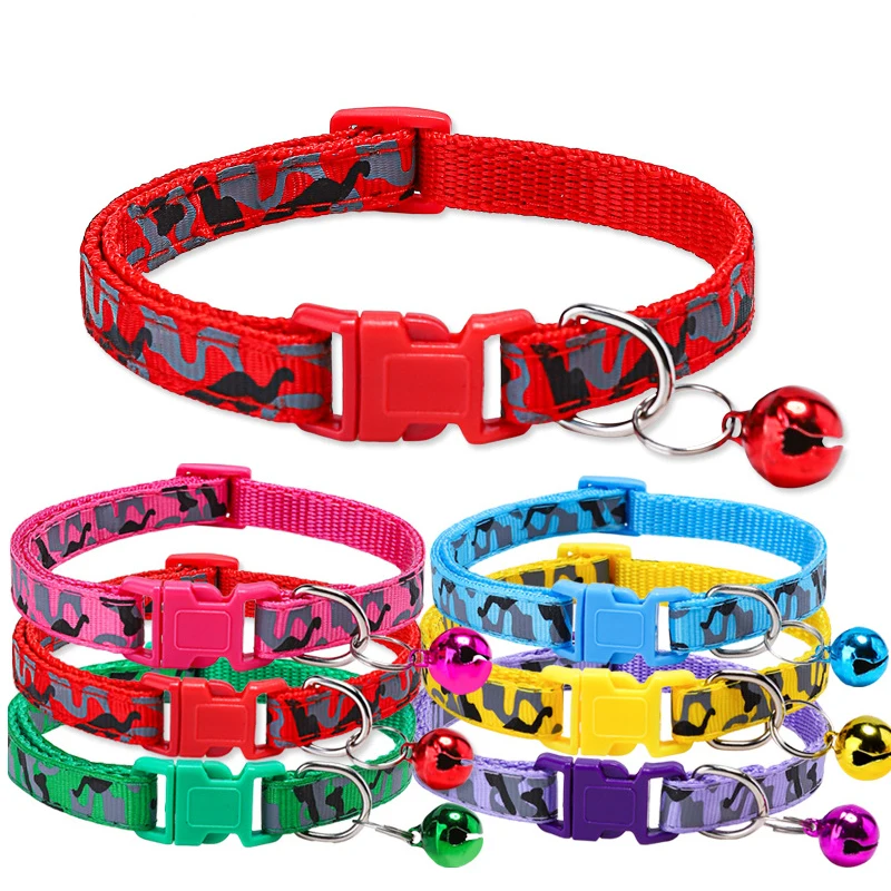 6pcs Camouflage Mix Color Anti-Lost Dog Collars Pet Cat Puppy Buckle Collar with Bell 6 Colors,Adjustable Safety Pet Collar Set