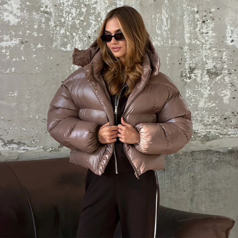 Women's Glossy Shiny Hooded Zip Cropped Puffer Jacket Oversized Loose Fit Long Sleeve Elastic Cuff Padded Warm Casual Winter Top 10
