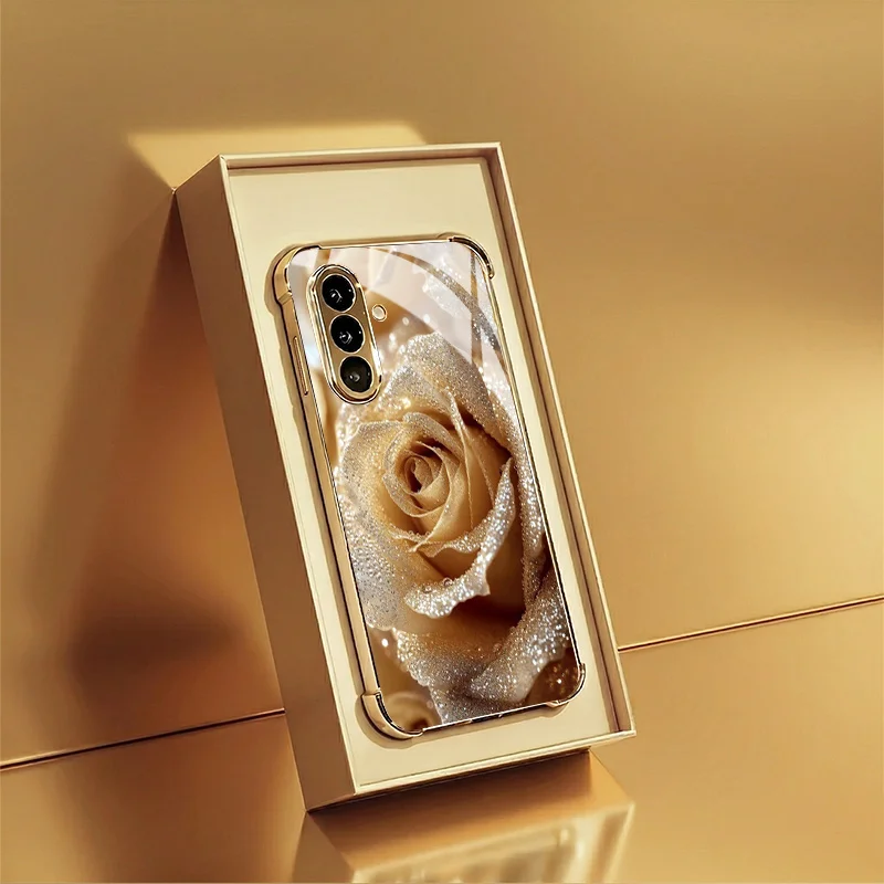 Gilded rose essence pattern electroplated glass phone case for Samsung Galaxy S26 S25 S24 S23 S22 S20 FE/Ultra/Plus drop Cover
