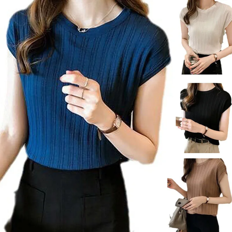 1pcs Summer Women Knit T-Shirt Lady Short-Sleeve Round-Neck tShirt Female Sexy Loose Tee Girl Fashion Pullover Commuting Tops