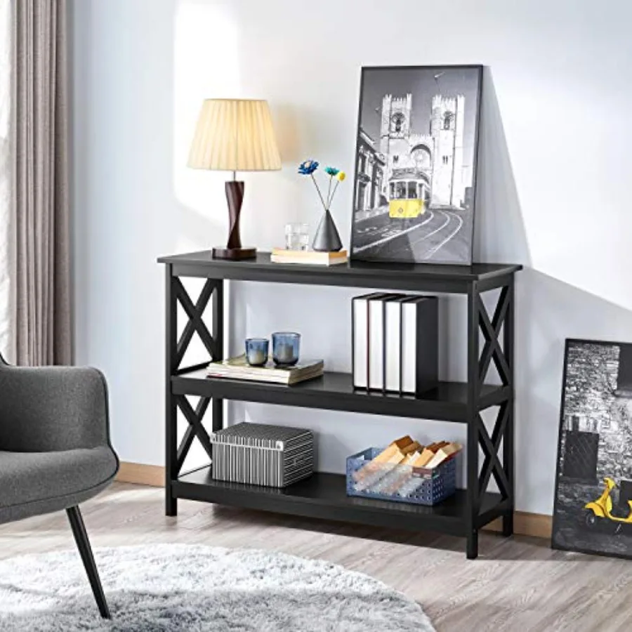 Tall TV Stand with 2 Shelves for Bedroom Living Room, engineered wood, matte black, adjustable shelving and cable management