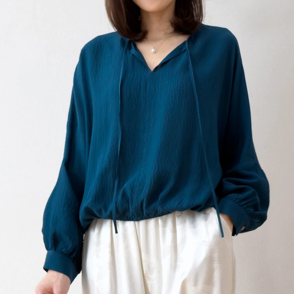 Air Quality 100% Natural Mulberry Silk Bubble Wrinkled Yellow Sun Protection Lantern Long Sleeved Women's Loose Thin Cover Shirt