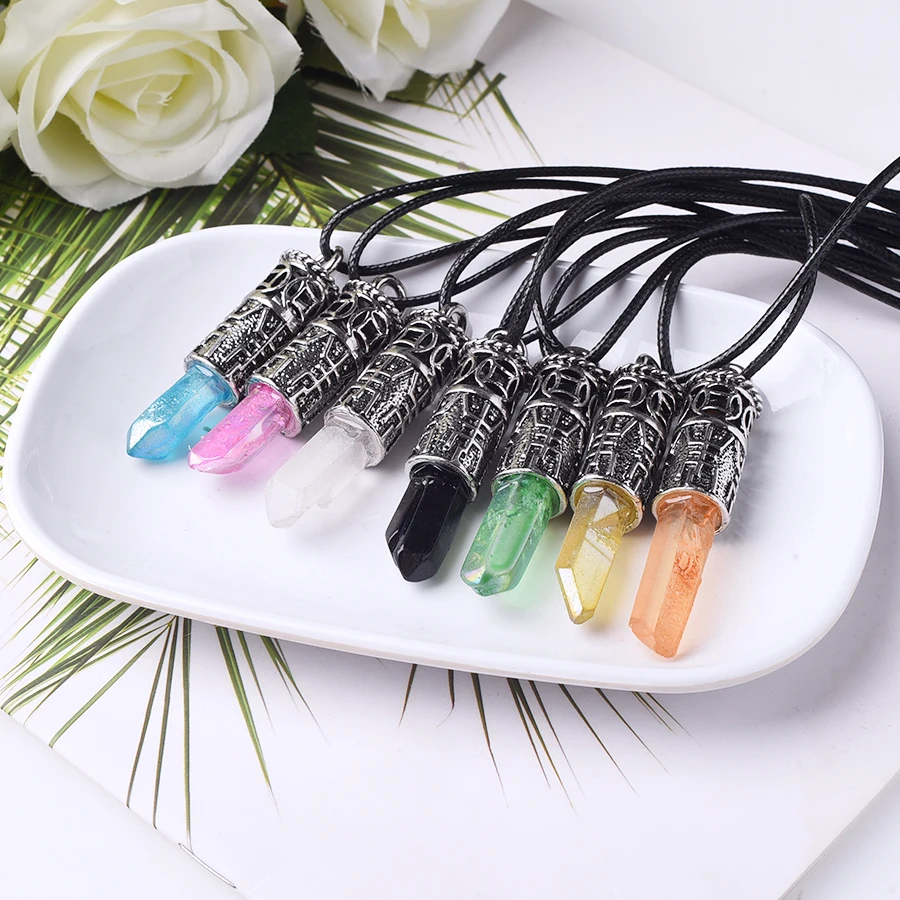 1pc natural healing quartz crystal point pendant black leather pendant necklace jewelry for gift