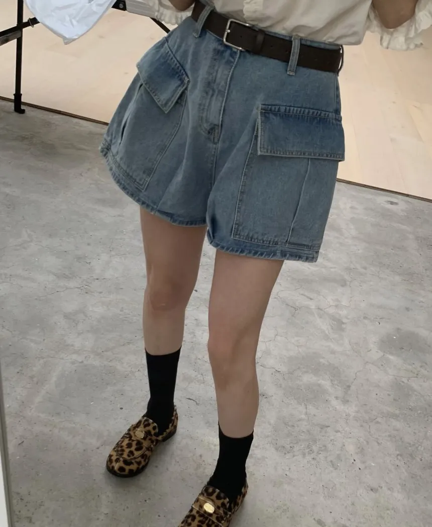 

SML Women's Blue denim short Cargo high waist female summer ladies Vintage 3D Pocket shorts jeans for womens(XHN1805