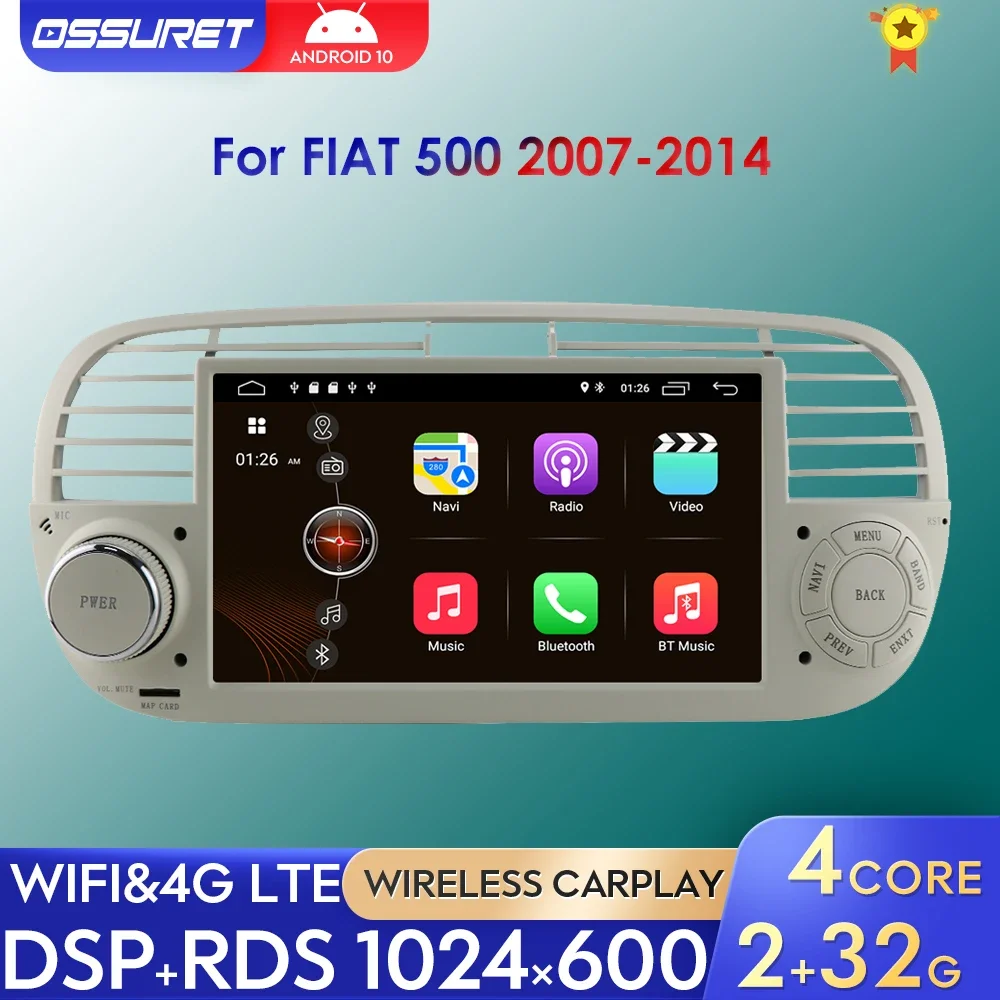 

2Din Android 10 Car Multimedia Player FOR FIAT 500 7inch Navigation GPS Carplay Auto Radio Quad Core 2GB RAM RDS DSP Stereo