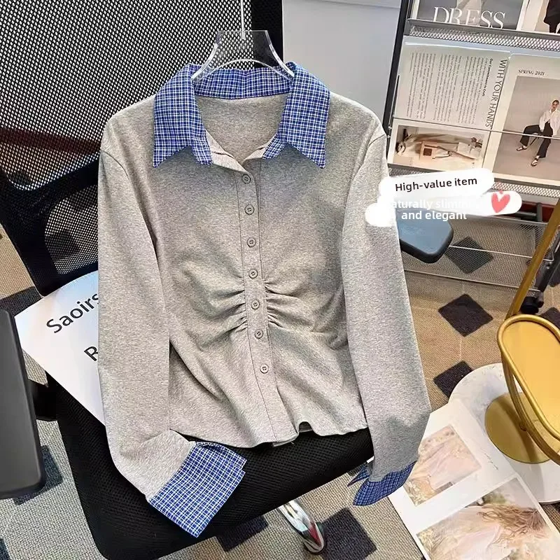 

Slim Fit Long Sve irt, женский весенний новый клетчатый топ с завязками на талии, плиссированный базовый слой, модный топ для похудения