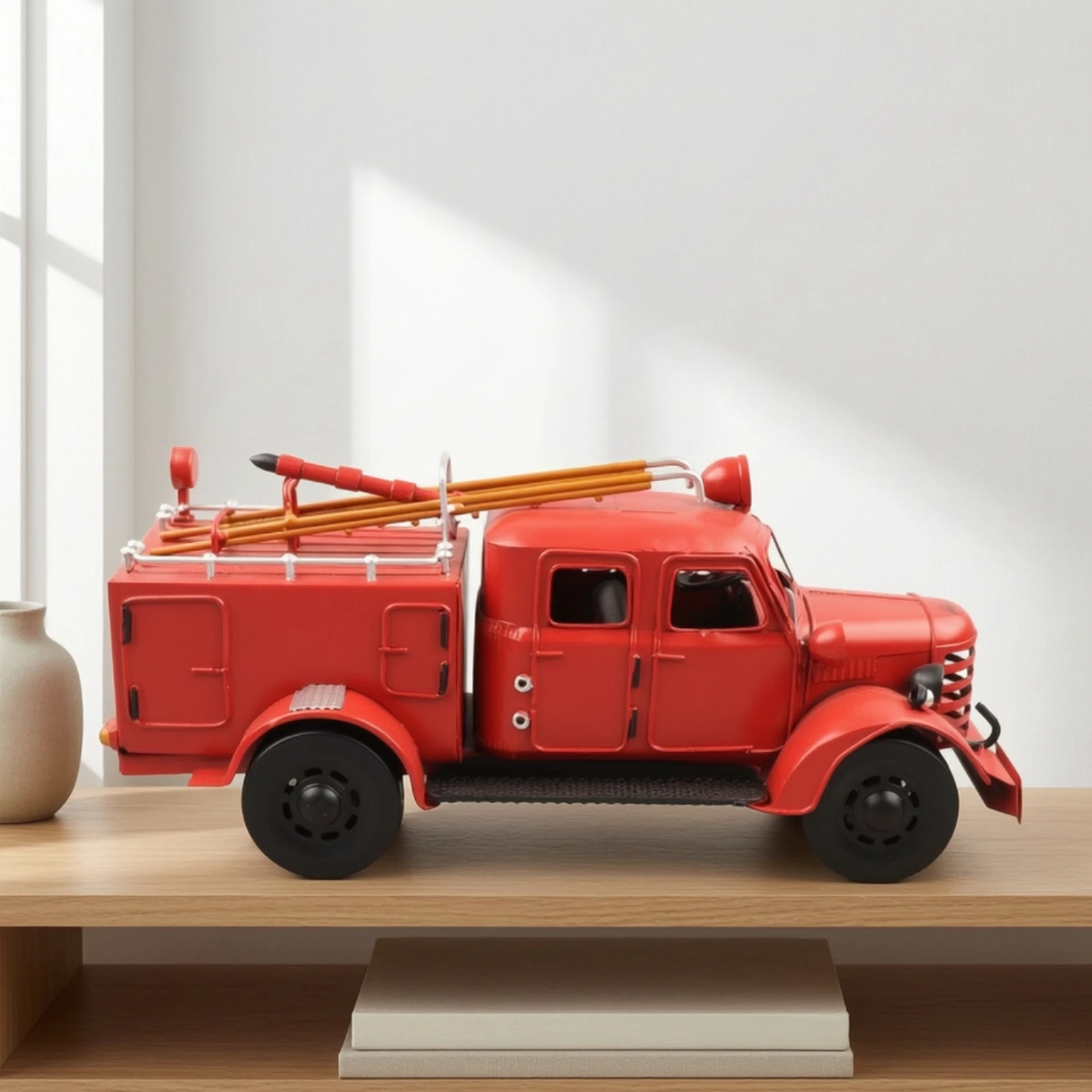Vintage American Fire Truck Replica Model with Roof Ladder Equipment for Retro Home Decor Collectible Display