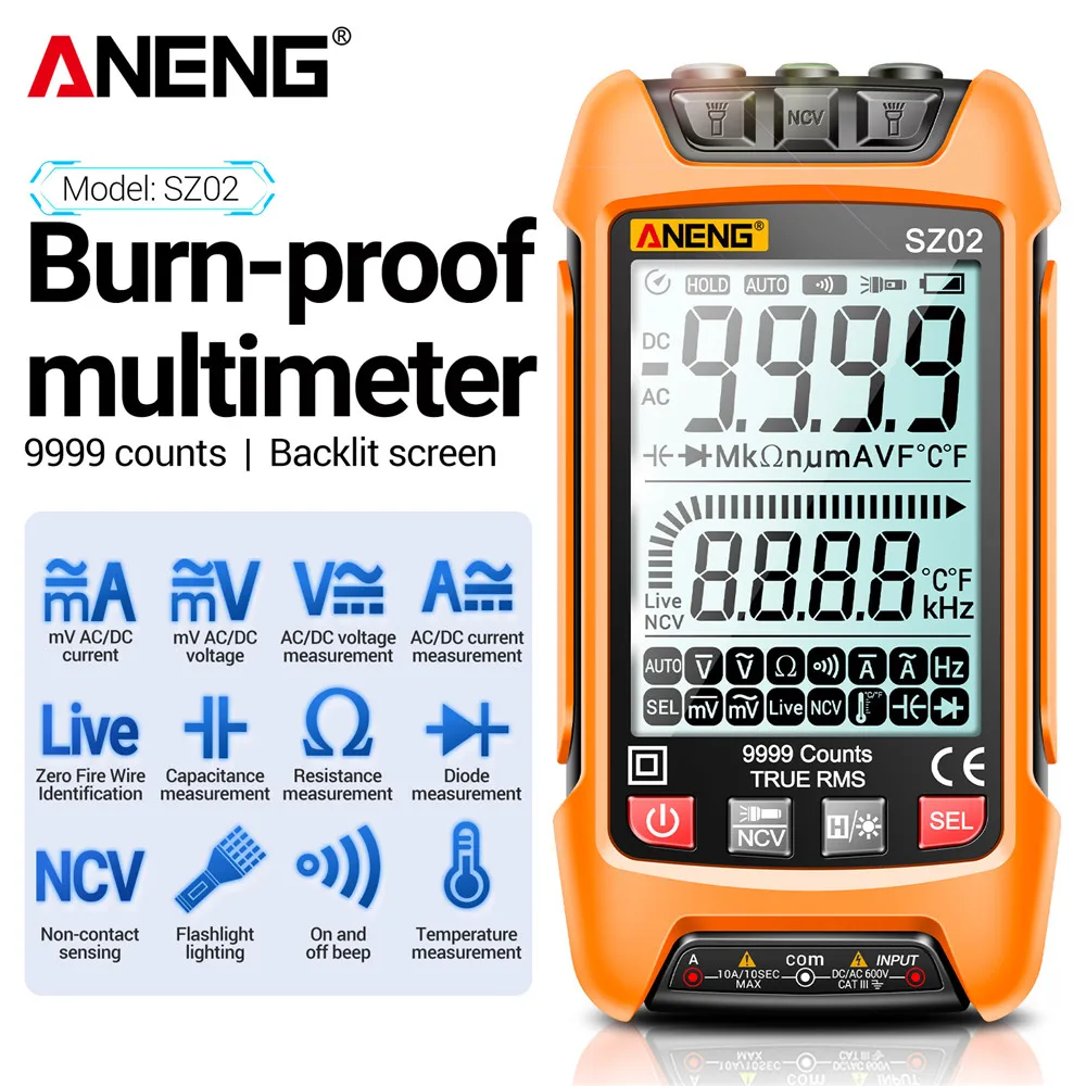 ANENG SZ02 Multímetro digital inteligente 9999 contagens True RMS Medidor de capacitância elétrica automática Testadores de transistor de resistência de temperatura