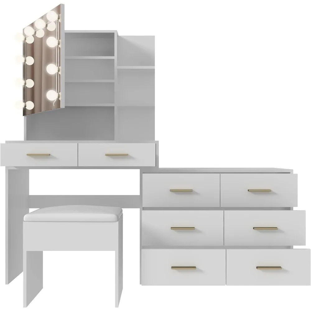 

illuminating makeup desk with integrated charging station and mirror