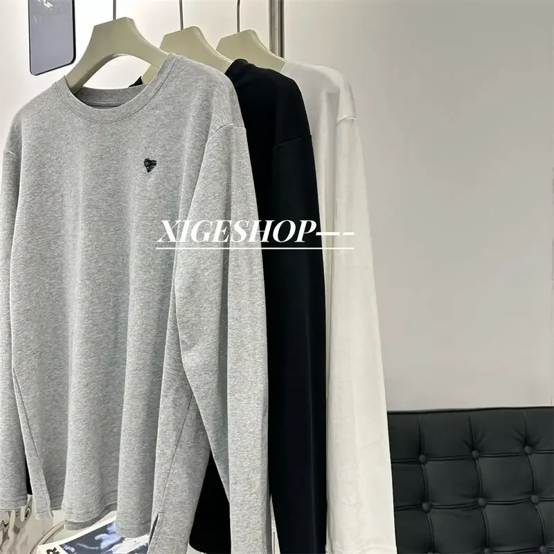 White Heart Printing Long Sleeve T-shirts Women's Autumn/winter Simple Basic Solid Color Loose-fit Fleece Inner Base Layer Top