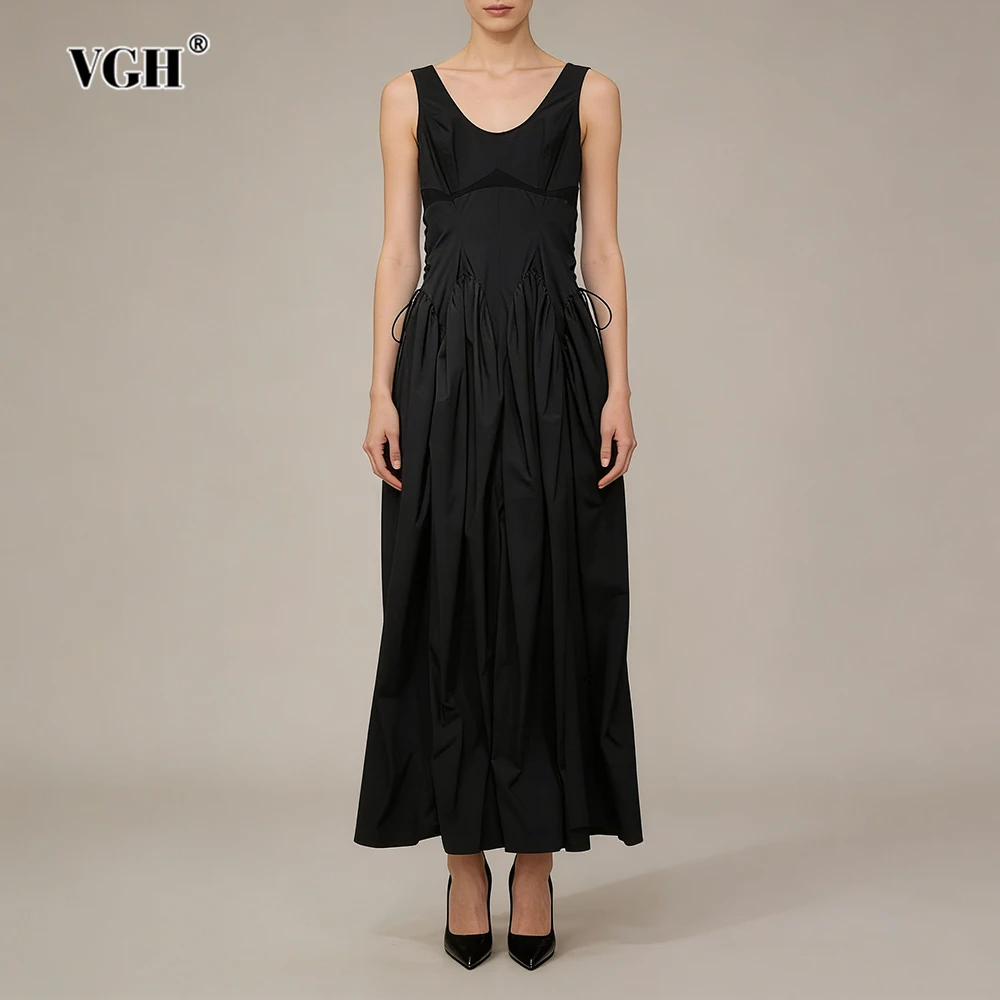 

VGH Черные элегантные драпированные длинные платья для женщин с v-образным вырезом без рукавов и высокой талией в стиле пэчворк, женское платье с завязками, лето 2026