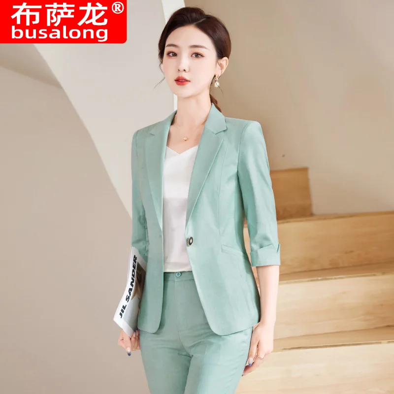 

Spring and Autumn New Light Green 3/4 Sleeve Business Suit Coat Women's Pants Two Pieces Suit Commuting Skill Suit