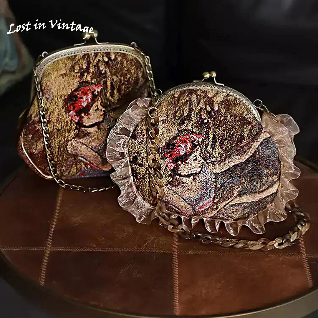 

Потерянная винтажная картина маслом, вышитая жаккардовая сумка, скандинавская сумка через плечо, нишевая сумка с замком поцелуя, рамка для кошелька с цепочками