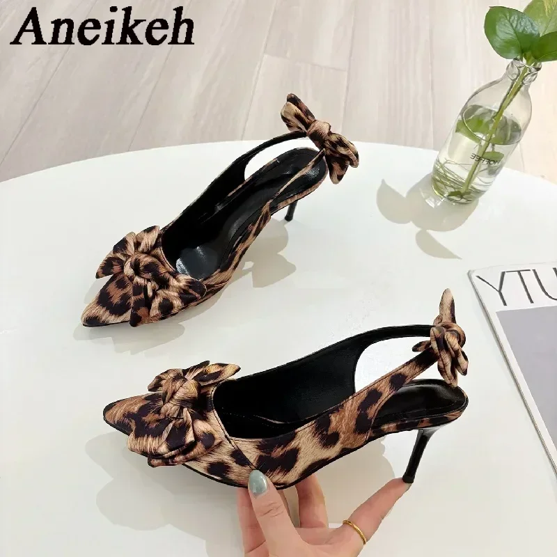 Aneikeh 2025 Summer Women Shoes Leopard print Butterfly Knot Decoration Muller High Heels  Fashion Pointed Party Stripper Sandal