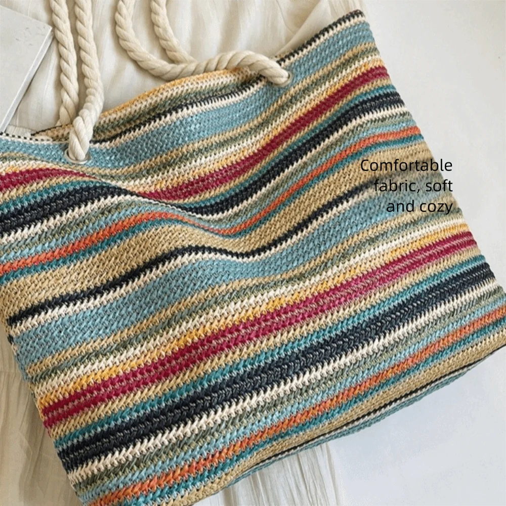 New Large Capacity Straw Bag Striped Rainbow Woven Casual Handbag Portable Underarm Bag Seaside Vacation view 5