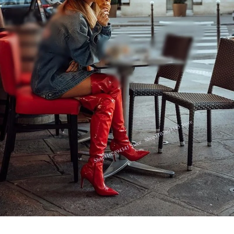 Red Over Knee High Leather Boots Thin High Heel Pointed Toe Fashionable Sexy Cool Winter Big Size Woman Shoes Zapatillas Mujer