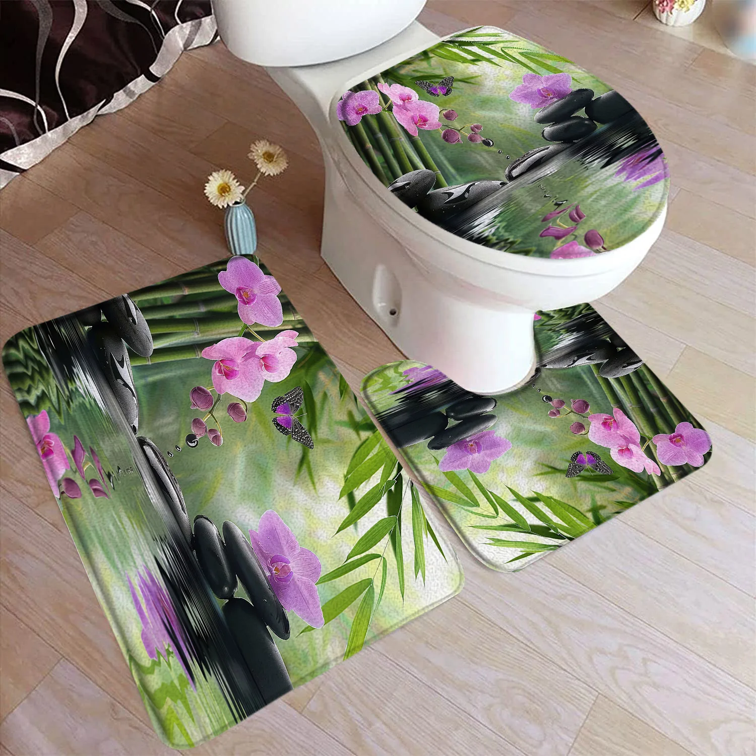 Zen Green Bamboo Bath Mat Set Pink Lotus Leaves Plant Spa Landscape Home Carpet Bathroom Decorative Floor Rugs Toilet Lid Cover