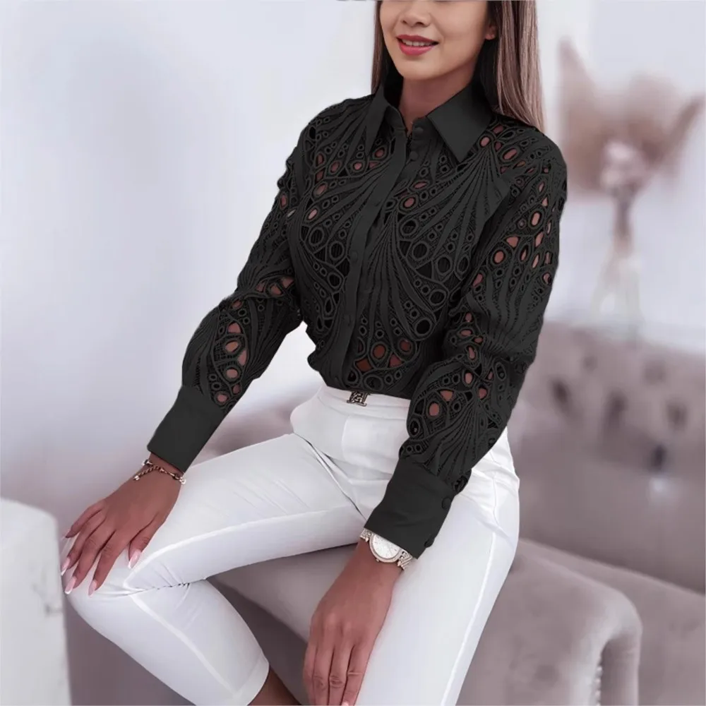 New Fashion Lace Hollow Long Sleeve Shirt For Women 2025 Spring Autumn Elegant Office Lady Blouse And Tops Casual Button Shirts