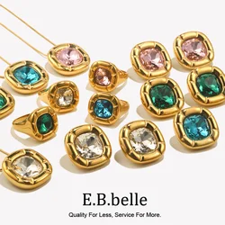 E.B.belle Round Square Flower Zircon Earrings Necklace Ring Tarnish Free Stainless Steel Women's Ring 18K Gold Plated Jewelry