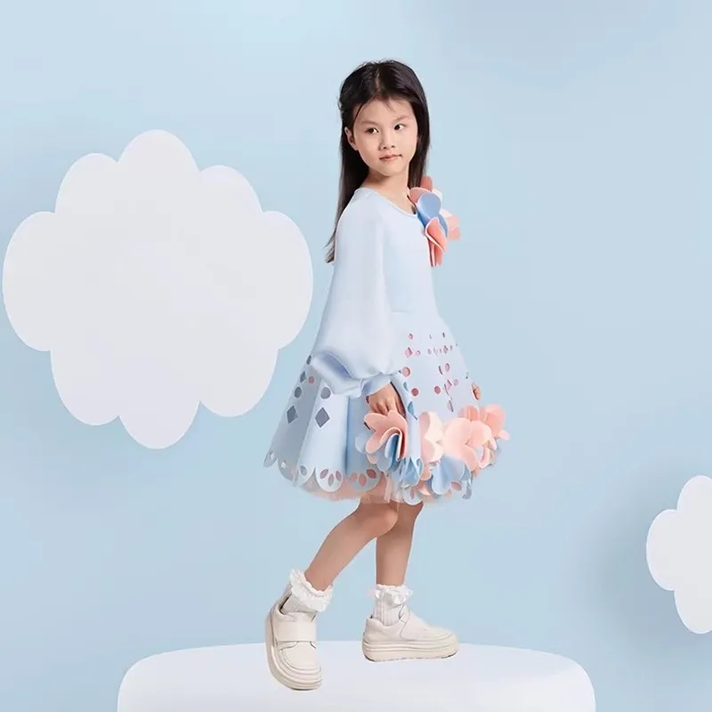 Autumu Winter New Fashion Flower Girl Dresses Appliques Puff Sleeve Patchwork Ball Gown A4176 Brithday Party Dress Vestidos